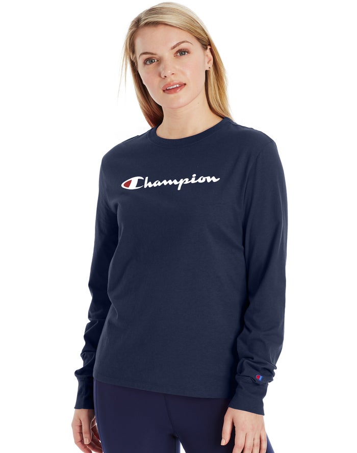 Champion Classic Long-Sleeve Script Logo T-Shirt Dames - Donkerblauw - Belgie 7023LJDKB